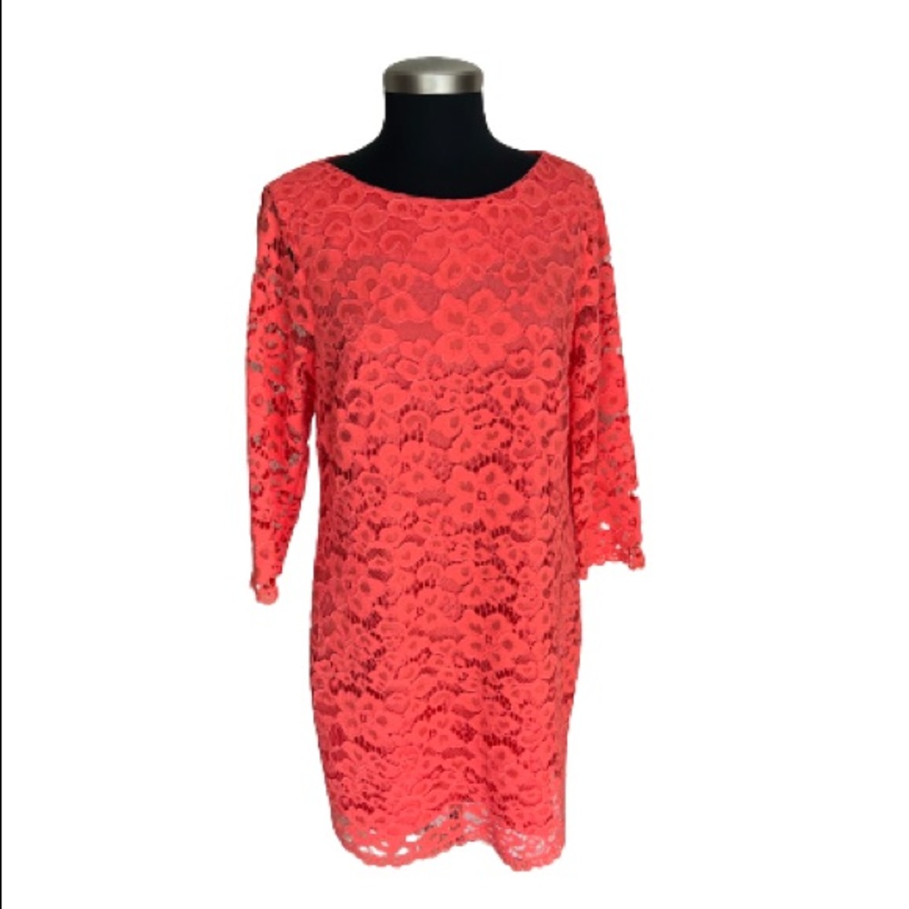 Trina Turk Coral Lace Sheath Dress 3/4 Sleeves Hidden Back Zipper Size 14
